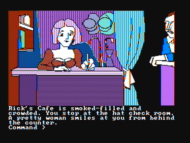 Mindshadow (PC Booter) screenshot: Welcome to Rick's Cafe! (CGA with composite monitor)
