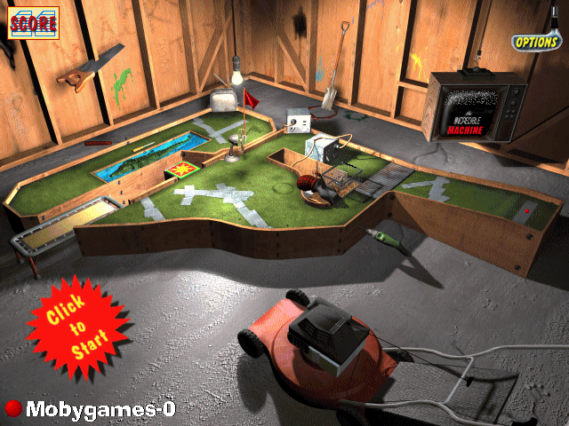 3-D Ultra Minigolf (Windows) screenshot: Overview of final course: the Incredible Machine. (Note the toaster, jack-in-the-box, and /alligator/.)