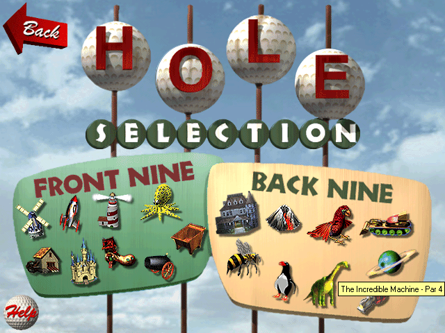 3-D Ultra Minigolf (Windows) screenshot: Hole selection screen -- octopi, outer space and dinosaurs, oh my!