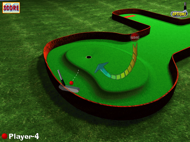 3-D Ultra Minigolf (Windows) screenshot: Optional aiming line in play during putting practice