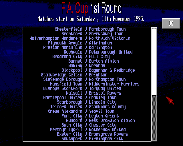 Manchester United: The Double (Amiga) screenshot: FA Cup fixtures