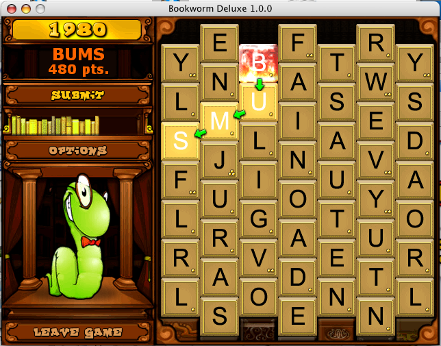 Bookworm Deluxe (Macintosh) screenshot: Remove burning letters by linking them into a word