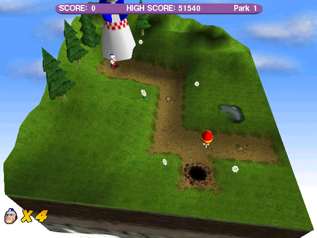 Dig Dug Deeper (Windows) screenshot: A red Pooka jumps out of a hole, urging you to follow him.