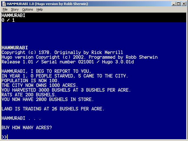 Hamurabi (DOS) screenshot: 2002 Hugo port