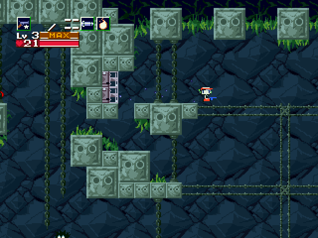 Cave Story (Windows) screenshot: Using the vents to get over a large chasm.