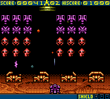 Space Invaders (Game Boy Color) screenshot: After some time, the classic UFO will appear in the screen top: shoot it!