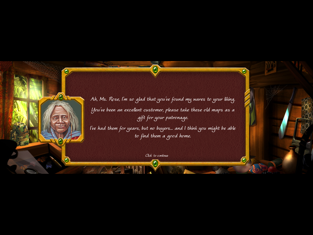 Arizona Rose and the Pirates' Riddles (Windows) screenshot: The shop owner thanks you for your business and gives you some old maps