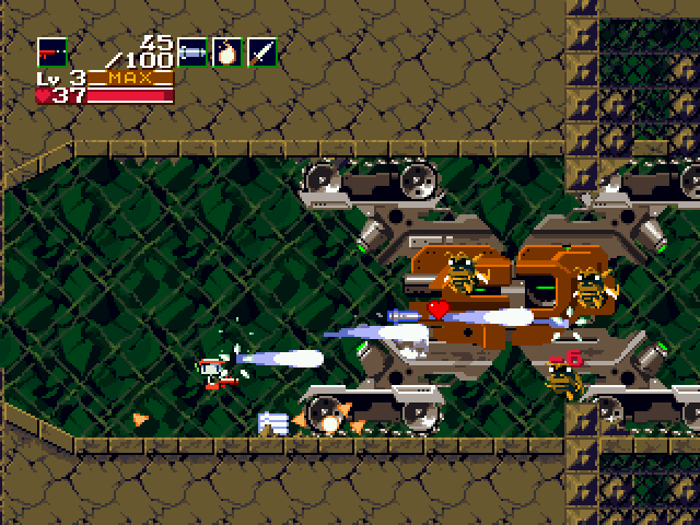 Cave Story (Windows) screenshot: Fighting against a large vehicle called "Monster X".