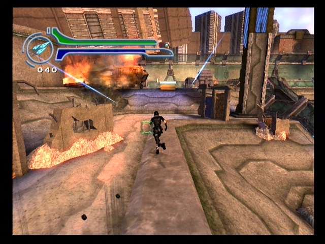 Æon Flux (PlayStation 2) screenshot: Running from laser fire!