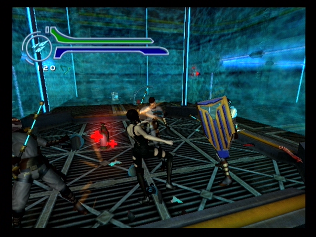 Æon Flux (PlayStation 2) screenshot: Enemies can walk through that blue wall, but you can't.