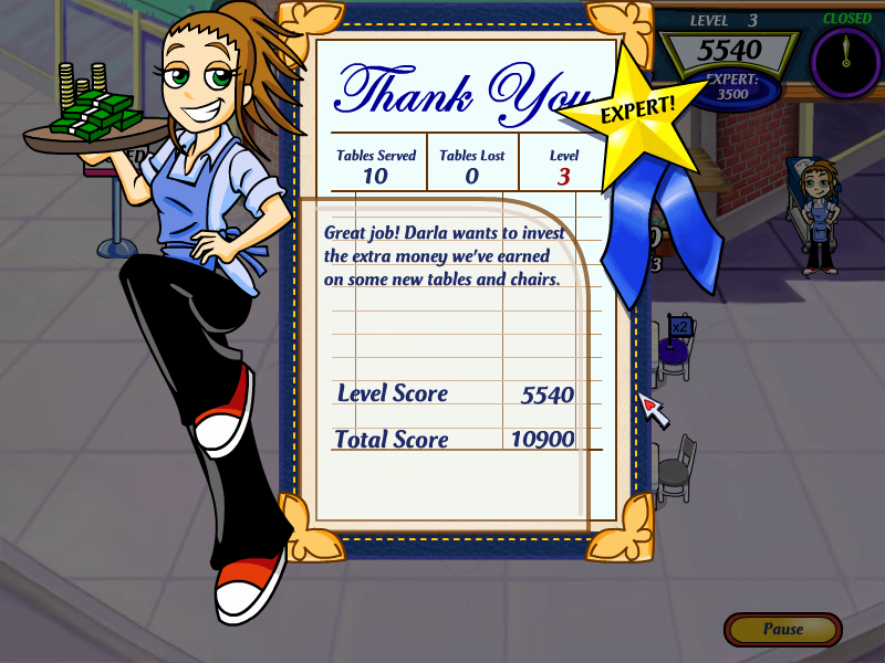 Diner Dash 2: Restaurant Rescue (Windows) screenshot: When you finish a level, you will see your score.