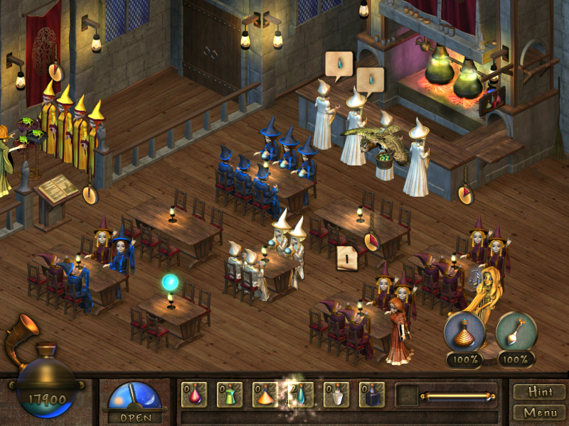 Mystic Inn (Windows) screenshot: The Inn is a very busy place. You can see the owl delivering potions to some far off location.