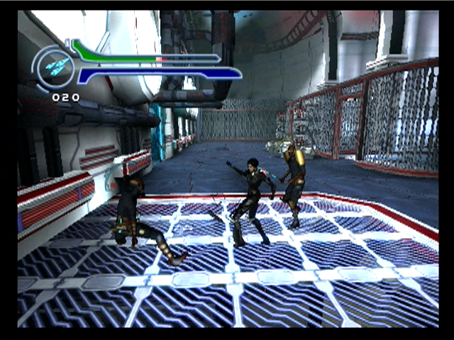 Æon Flux (PlayStation 2) screenshot: Fighting some opponents in the first mission.