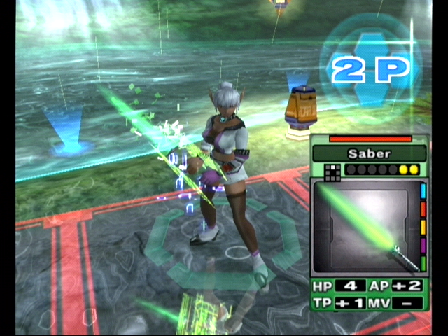 Phantasy Star Online: Episode III - C.A.R.D. Revolution (GameCube) screenshot: Animation: my selected weapon materializes.