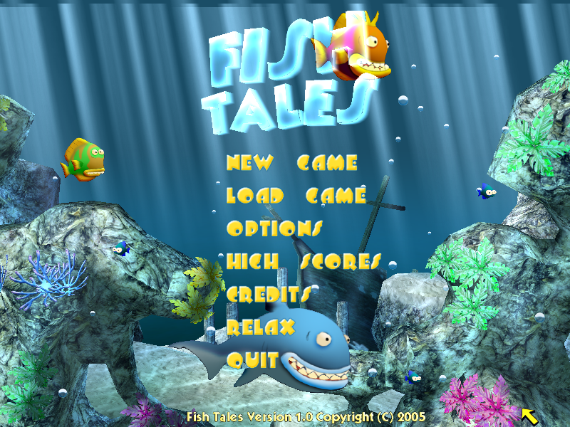 Fish Tales (Windows) screenshot: The title screen shows fish swimming around and eating one another.