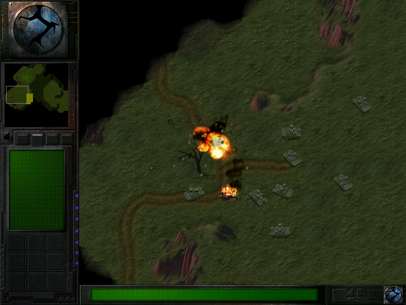 Earth 2140 (DOS) screenshot: When a unit or building is destroyed, parts of it can be seen flying in the air