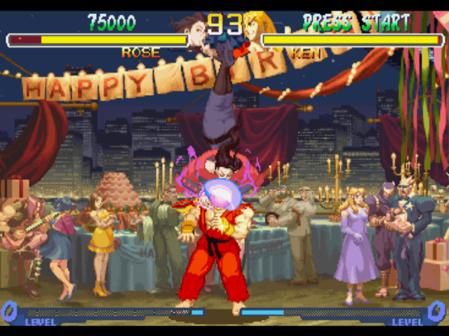 Street Fighter Alpha 2 (PlayStation) screenshot: Meanwhile, Ken Masters loses a lot of his energy with Rose's Soul Drain move...