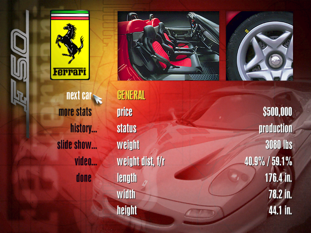 Need for Speed II: SE (Windows) screenshot: Checking the stats of the F50.