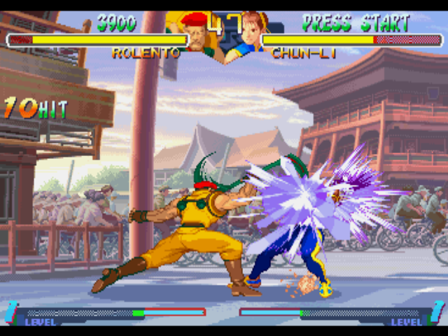 Street Fighter Alpha 2 (PlayStation) screenshot: After some time, Rolento finds a chance to connect 10 hits of his Patriot Circle move in Chun-Li.