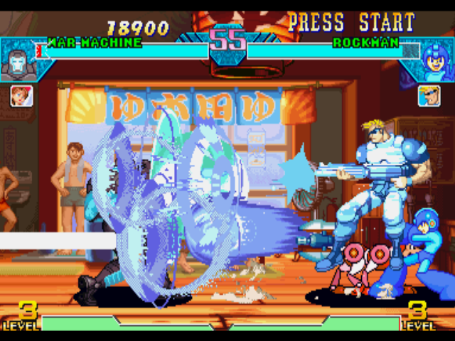 Marvel vs. Capcom: Clash of Super Heroes (PlayStation) screenshot: War Machine blocking the team-up offensive formed by Rockman (Megaman) and Unknown Soldier.