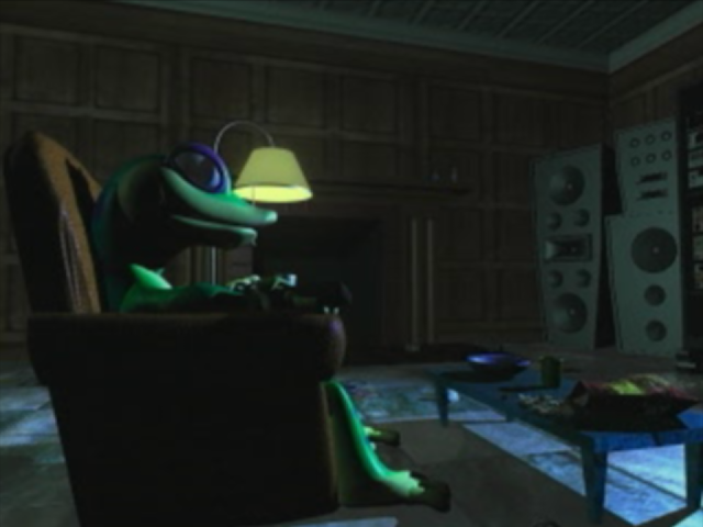 Gex (PlayStation) screenshot: Intro: Gex chilling in front of the TV.