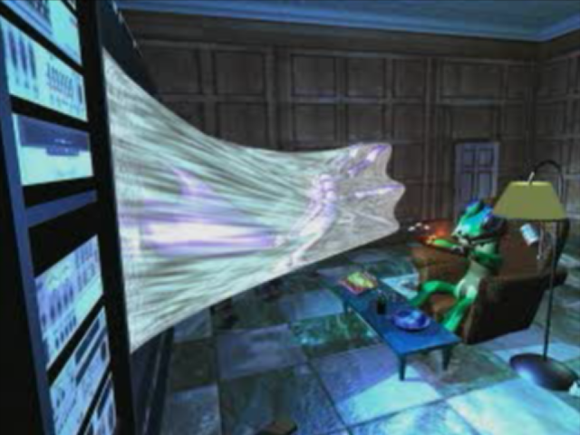 Gex (PlayStation) screenshot: Intro: Uh Oh, Gex gets sucked into the TV.
