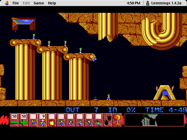 Lemmings (Macintosh) screenshot: Fun 2: Only floaters can survive this!
