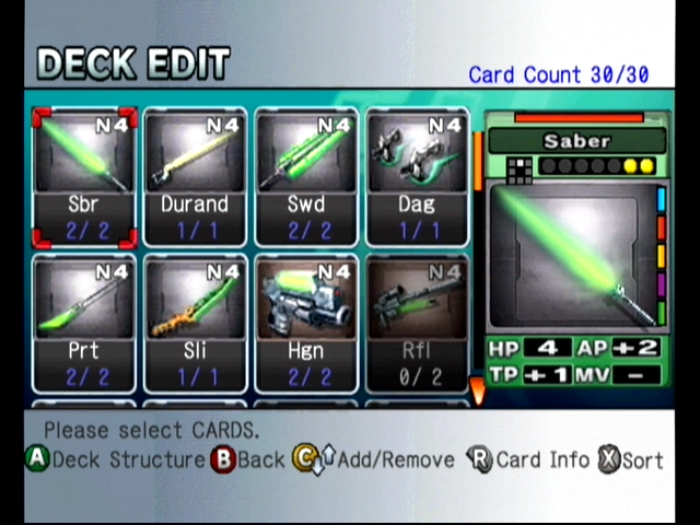 Phantasy Star Online: Episode III - C.A.R.D. Revolution (GameCube) screenshot: The deck edit screen