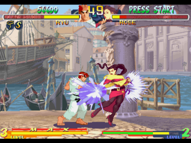 Street Fighter Alpha 2 (PlayStation) screenshot: Ryu strikes back Rose with the single hit of his classical-ground-launching Shoryuken move.