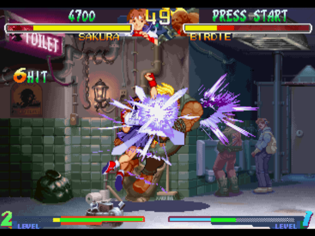 Street Fighter Alpha 2 (PlayStation) screenshot: Sakura Kasugano takes advantage of her Shou'ou Ken move and connects 6 non-stop hits in Birdie.