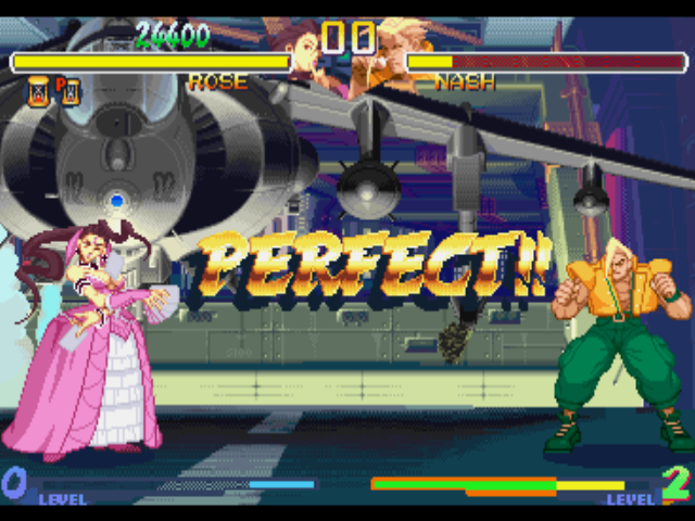 Street Fighter Alpha 2 (PlayStation) screenshot: End result: Rose wins the match against Nash (Charlie) with a perfect-time-over victory!