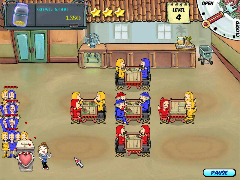 Diner Dash (Windows) screenshot: Use the podium to chat up customers waiting in line and keep them from storming out of your restaurant!