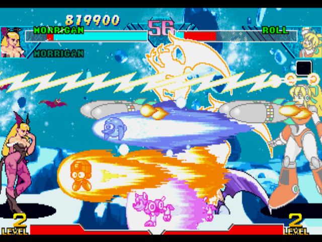 Marvel vs. Capcom: Clash of Super Heroes (PlayStation) screenshot: This time, Morrigan's Silhouette Blade wasn't superior to Hyper Roll's invincibility...