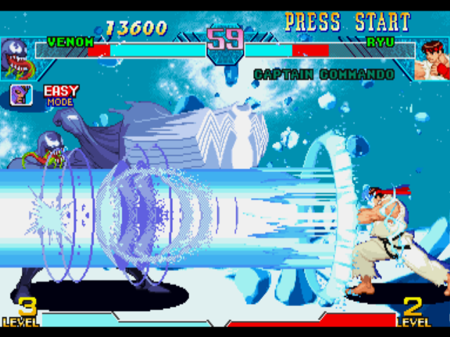 Marvel vs. Capcom: Clash of Super Heroes (PlayStation) screenshot: Aiming to parry Ryu's Shinkuu Hadouken, Venom uses the Advancing Guard repeated times.