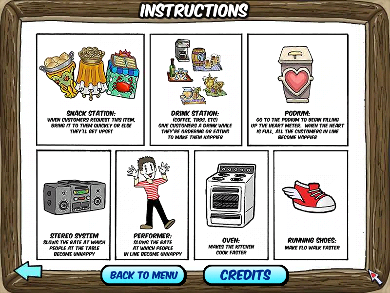 Diner Dash (Windows) screenshot: These are the upgrades and helps you can have later on in the game.