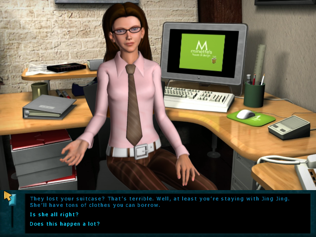 Nancy Drew: Danger by Design (Windows) screenshot: Meet Heather McKay who works for Minette and seems to understand her eccentric behaviours.