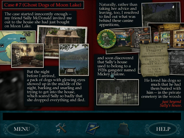 Nancy Drew: Danger by Design (Windows) screenshot: Here's a page on Ghost Dogs of Moon Lake.