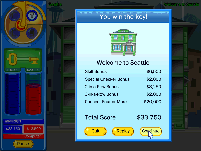 Connect Four Cities (Windows) screenshot: After each round, you will get a break down of your scores as well as a chance to re-play the round if you want.