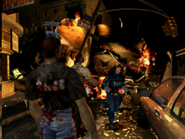 Resident Evil 2 (PlayStation) screenshot: Leon surrounded by zombies at the start of the game.