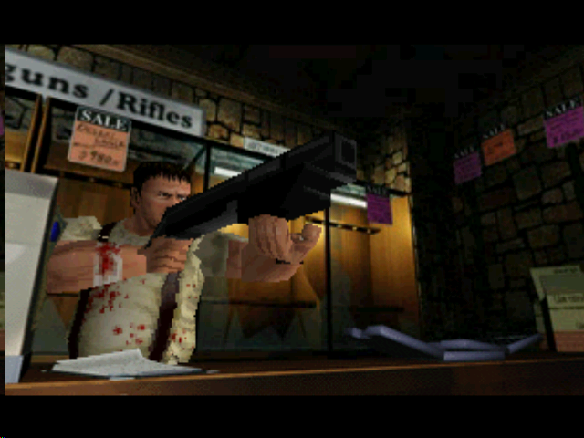 Resident Evil 2 (PlayStation) screenshot: The gun shop owner doesn't take kindly to company.