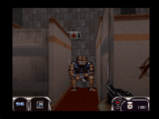 Duke Nukem 64 (Nintendo 64) screenshot: The alien on the toilet is still there.