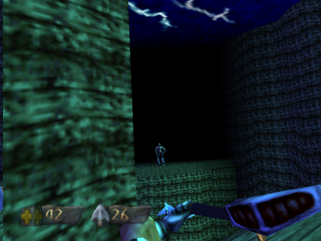 Turok: Dinosaur Hunter (Nintendo 64) screenshot: Lining up a bow shot.