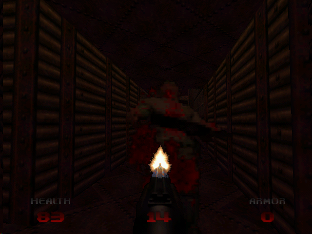 Doom 64 (Nintendo 64) screenshot: Shotgunning zombies in a hallway