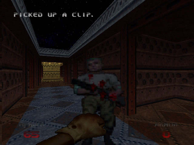 Doom 64 (Nintendo 64) screenshot: This is not the recommended way to kill zombies.