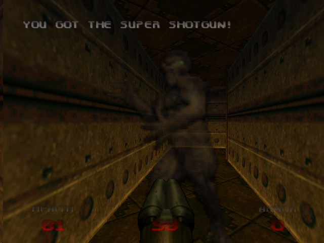 Doom 64 (Nintendo 64) screenshot: The super shotgun is very useful up close.
