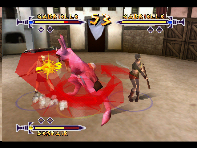 Xena: Warrior Princess - The Talisman of Fate (Nintendo 64) screenshot: Two Gabrielles team up on Despair, who is wearing his secret bunny costume