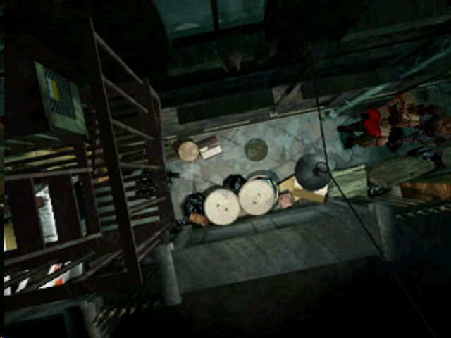 Resident Evil 2 (PlayStation) screenshot: Leon faces down zombies in an alley.