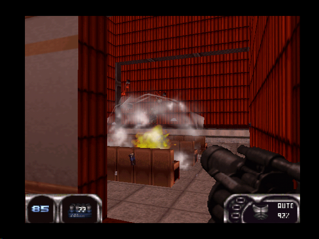 Duke Nukem 64 (Nintendo 64) screenshot: Killing several assault troopers at once with the grenade launcher