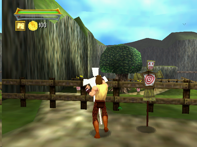 Hercules: The Legendary Journeys (Nintendo 64) screenshot: Hercules beats up some training dummies