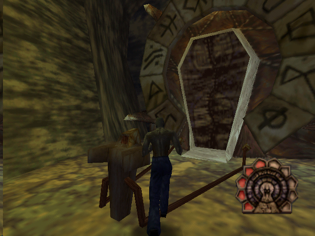 Shadow Man (Nintendo 64) screenshot: A coffin gate. The symbols around it show what level of Shadow Power you need to open it. None of these are purple, so no Shadow Power is required.